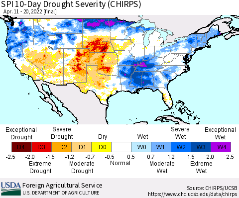 United States SPI 10-Day Drought Severity (CHIRPS) Thematic Map For 4/11/2022 - 4/20/2022