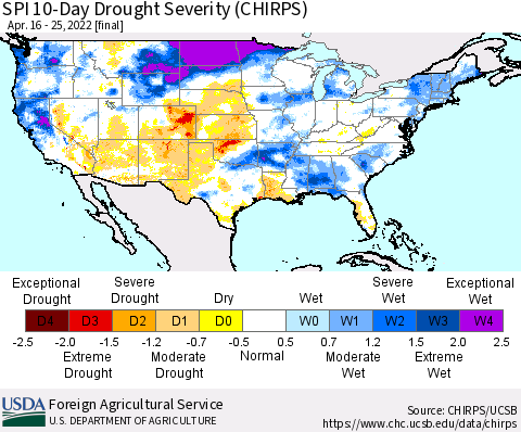 United States SPI 10-Day Drought Severity (CHIRPS) Thematic Map For 4/16/2022 - 4/25/2022