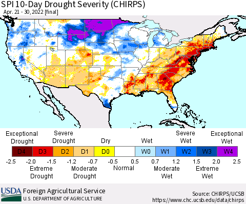 United States SPI 10-Day Drought Severity (CHIRPS) Thematic Map For 4/21/2022 - 4/30/2022