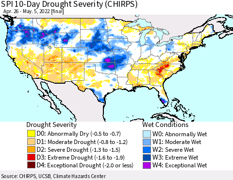 United States SPI 10-Day Drought Severity (CHIRPS) Thematic Map For 4/26/2022 - 5/5/2022