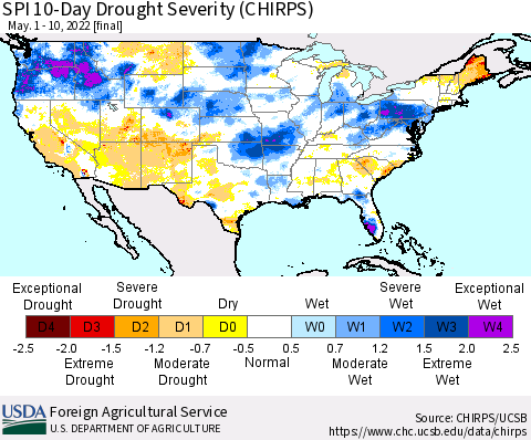 United States SPI 10-Day Drought Severity (CHIRPS) Thematic Map For 5/1/2022 - 5/10/2022