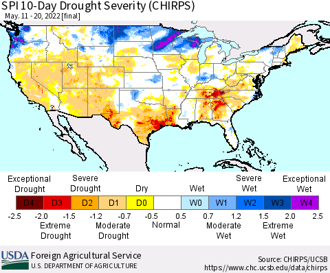 United States SPI 10-Day Drought Severity (CHIRPS) Thematic Map For 5/11/2022 - 5/20/2022