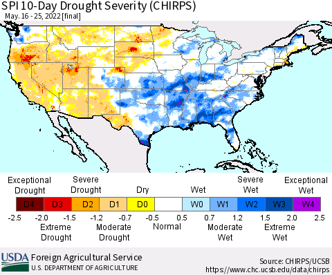 United States SPI 10-Day Drought Severity (CHIRPS) Thematic Map For 5/16/2022 - 5/25/2022
