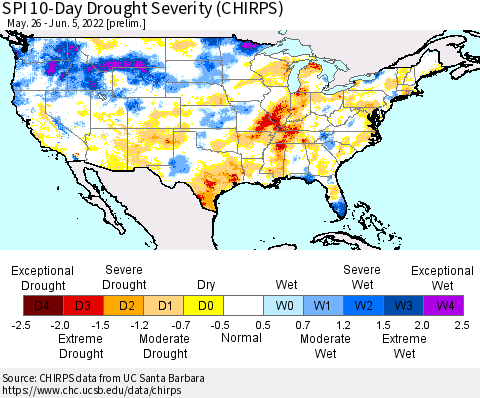 United States SPI 10-Day Drought Severity (CHIRPS) Thematic Map For 5/26/2022 - 6/5/2022