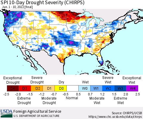United States SPI 10-Day Drought Severity (CHIRPS) Thematic Map For 6/1/2022 - 6/10/2022