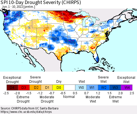United States SPI 10-Day Drought Severity (CHIRPS) Thematic Map For 6/1/2022 - 6/10/2022
