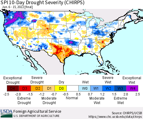 United States SPI 10-Day Drought Severity (CHIRPS) Thematic Map For 6/6/2022 - 6/15/2022