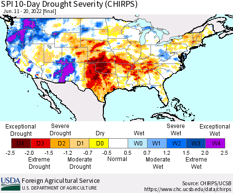 United States SPI 10-Day Drought Severity (CHIRPS) Thematic Map For 6/11/2022 - 6/20/2022