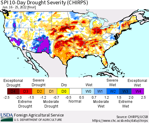 United States SPI 10-Day Drought Severity (CHIRPS) Thematic Map For 6/16/2022 - 6/25/2022