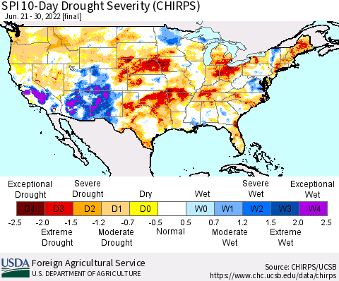 United States SPI 10-Day Drought Severity (CHIRPS) Thematic Map For 6/21/2022 - 6/30/2022