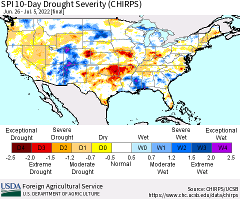 United States SPI 10-Day Drought Severity (CHIRPS) Thematic Map For 6/26/2022 - 7/5/2022