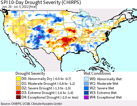 United States SPI 10-Day Drought Severity (CHIRPS) Thematic Map For 6/26/2022 - 7/5/2022