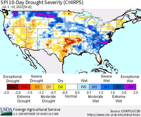 United States SPI 10-Day Drought Severity (CHIRPS) Thematic Map For 7/1/2022 - 7/10/2022