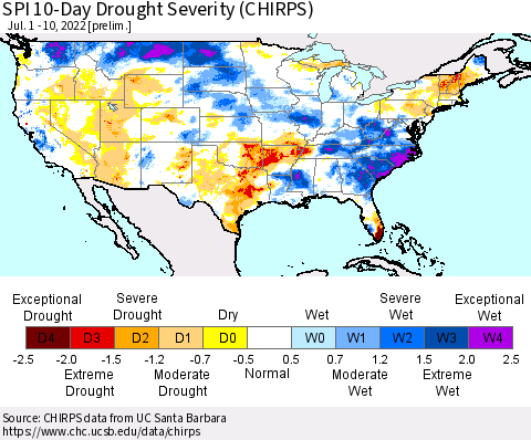 United States SPI 10-Day Drought Severity (CHIRPS) Thematic Map For 7/1/2022 - 7/10/2022