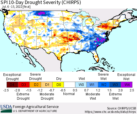 United States SPI 10-Day Drought Severity (CHIRPS) Thematic Map For 7/6/2022 - 7/15/2022