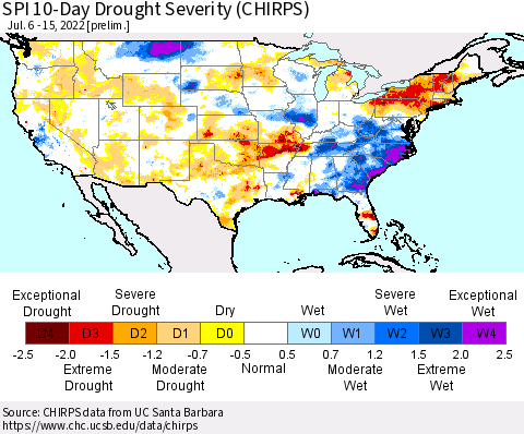 United States SPI 10-Day Drought Severity (CHIRPS) Thematic Map For 7/6/2022 - 7/15/2022
