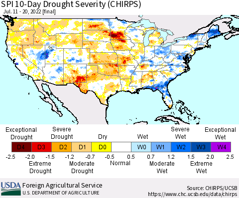 United States SPI 10-Day Drought Severity (CHIRPS) Thematic Map For 7/11/2022 - 7/20/2022