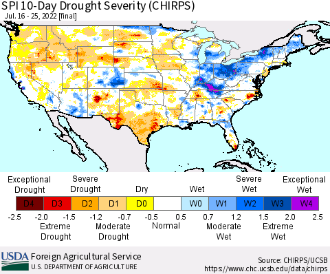 United States SPI 10-Day Drought Severity (CHIRPS) Thematic Map For 7/16/2022 - 7/25/2022
