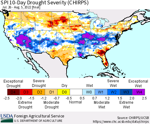 United States SPI 10-Day Drought Severity (CHIRPS) Thematic Map For 7/26/2022 - 8/5/2022