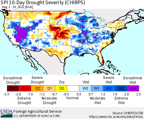 United States SPI 10-Day Drought Severity (CHIRPS) Thematic Map For 8/1/2022 - 8/10/2022
