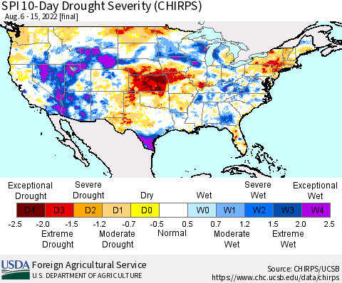 United States SPI 10-Day Drought Severity (CHIRPS) Thematic Map For 8/6/2022 - 8/15/2022