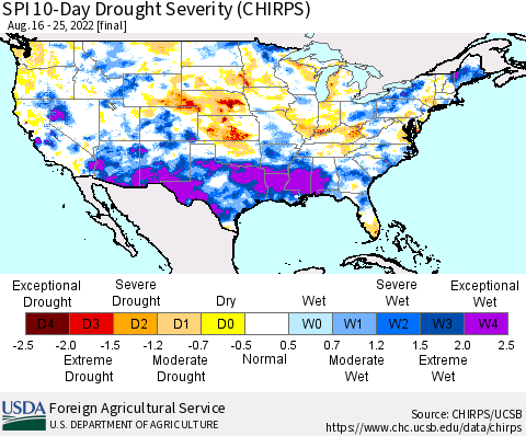 United States SPI 10-Day Drought Severity (CHIRPS) Thematic Map For 8/16/2022 - 8/25/2022