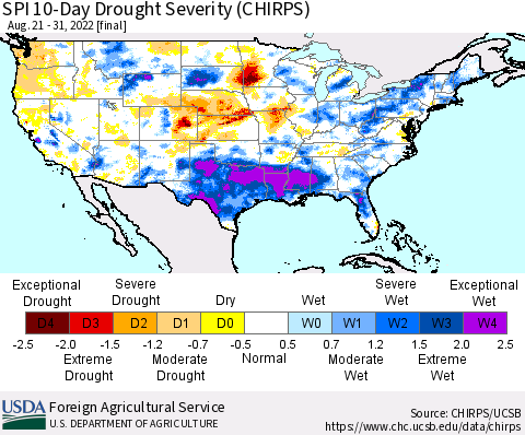 United States SPI 10-Day Drought Severity (CHIRPS) Thematic Map For 8/21/2022 - 8/31/2022