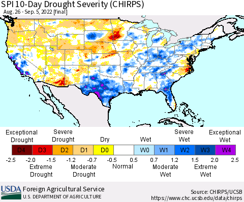 United States SPI 10-Day Drought Severity (CHIRPS) Thematic Map For 8/26/2022 - 9/5/2022
