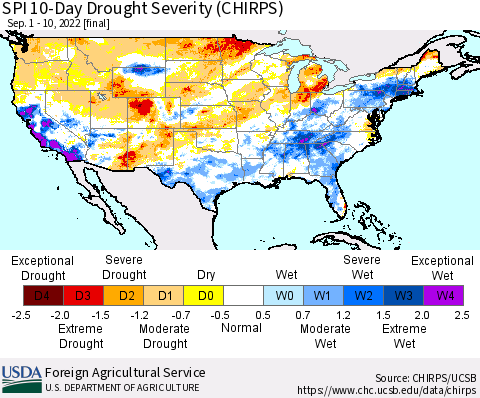 United States SPI 10-Day Drought Severity (CHIRPS) Thematic Map For 9/1/2022 - 9/10/2022