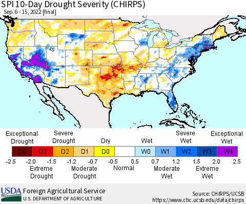 United States SPI 10-Day Drought Severity (CHIRPS) Thematic Map For 9/6/2022 - 9/15/2022