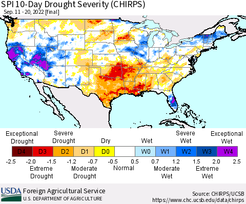 United States SPI 10-Day Drought Severity (CHIRPS) Thematic Map For 9/11/2022 - 9/20/2022