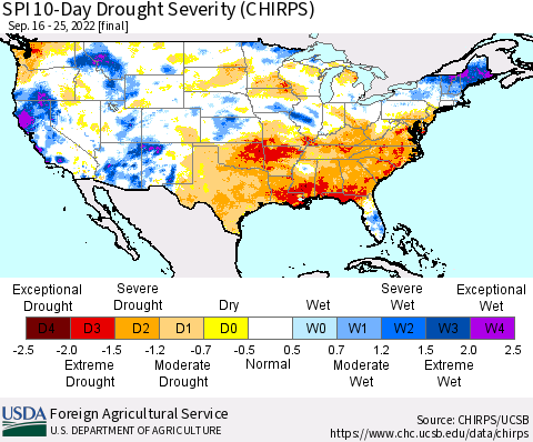 United States SPI 10-Day Drought Severity (CHIRPS) Thematic Map For 9/16/2022 - 9/25/2022