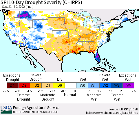 United States SPI 10-Day Drought Severity (CHIRPS) Thematic Map For 9/21/2022 - 9/30/2022