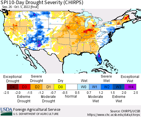 United States SPI 10-Day Drought Severity (CHIRPS) Thematic Map For 9/26/2022 - 10/5/2022
