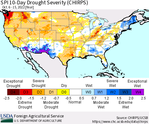 United States SPI 10-Day Drought Severity (CHIRPS) Thematic Map For 10/6/2022 - 10/15/2022