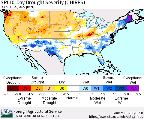 United States SPI 10-Day Drought Severity (CHIRPS) Thematic Map For 10/11/2022 - 10/20/2022