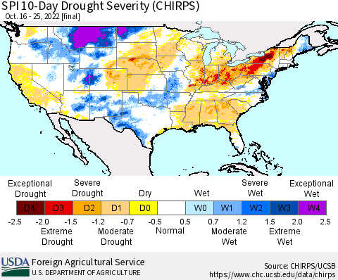 United States SPI 10-Day Drought Severity (CHIRPS) Thematic Map For 10/16/2022 - 10/25/2022