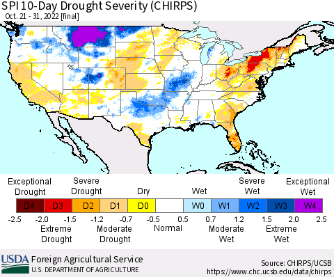 United States SPI 10-Day Drought Severity (CHIRPS) Thematic Map For 10/21/2022 - 10/31/2022