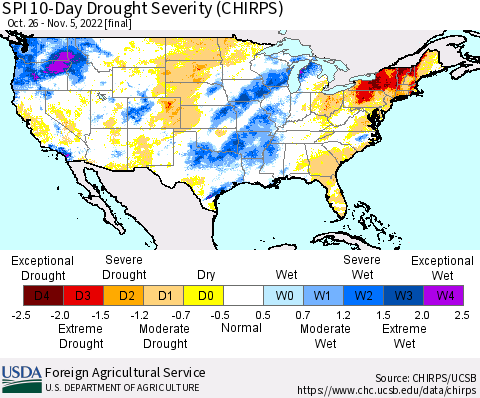 United States SPI 10-Day Drought Severity (CHIRPS) Thematic Map For 10/26/2022 - 11/5/2022