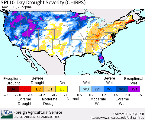 United States SPI 10-Day Drought Severity (CHIRPS) Thematic Map For 11/1/2022 - 11/10/2022