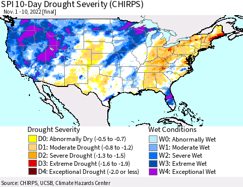 United States SPI 10-Day Drought Severity (CHIRPS) Thematic Map For 11/1/2022 - 11/10/2022