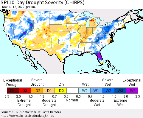 United States SPI 10-Day Drought Severity (CHIRPS) Thematic Map For 11/6/2022 - 11/15/2022