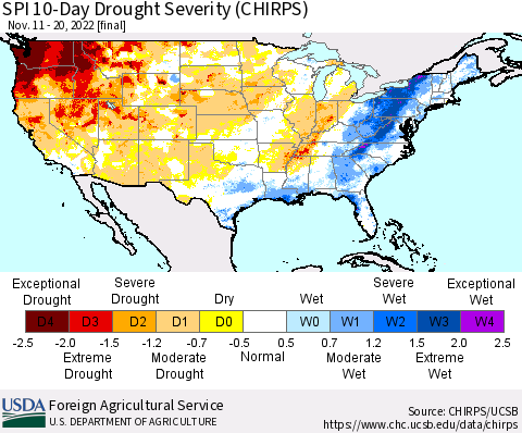 United States SPI 10-Day Drought Severity (CHIRPS) Thematic Map For 11/11/2022 - 11/20/2022