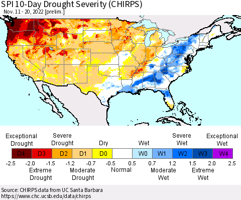 United States SPI 10-Day Drought Severity (CHIRPS) Thematic Map For 11/11/2022 - 11/20/2022