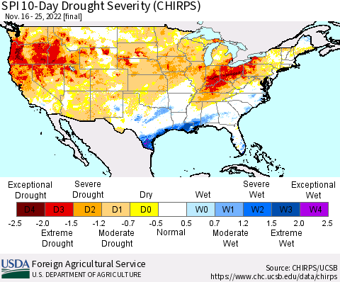 United States SPI 10-Day Drought Severity (CHIRPS) Thematic Map For 11/16/2022 - 11/25/2022