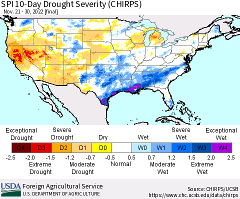 United States SPI 10-Day Drought Severity (CHIRPS) Thematic Map For 11/21/2022 - 11/30/2022