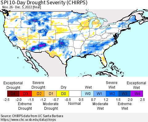 United States SPI 10-Day Drought Severity (CHIRPS) Thematic Map For 11/26/2022 - 12/5/2022