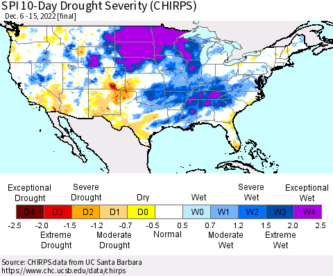 United States SPI 10-Day Drought Severity (CHIRPS) Thematic Map For 12/6/2022 - 12/15/2022