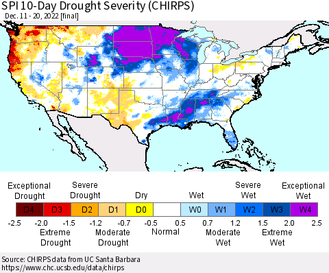 United States SPI 10-Day Drought Severity (CHIRPS) Thematic Map For 12/11/2022 - 12/20/2022