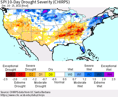 United States SPI 10-Day Drought Severity (CHIRPS) Thematic Map For 12/16/2022 - 12/25/2022
